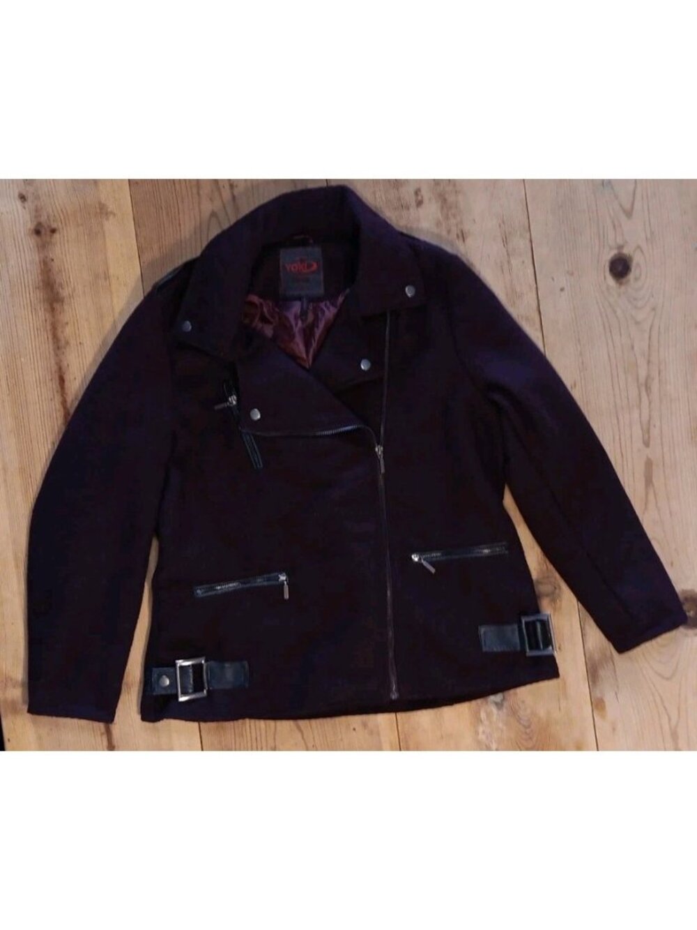Vtg Yoki NY Women Jacket XL Moto Maroon Buckle Zipper Zip Up Outerwear Fall Coat